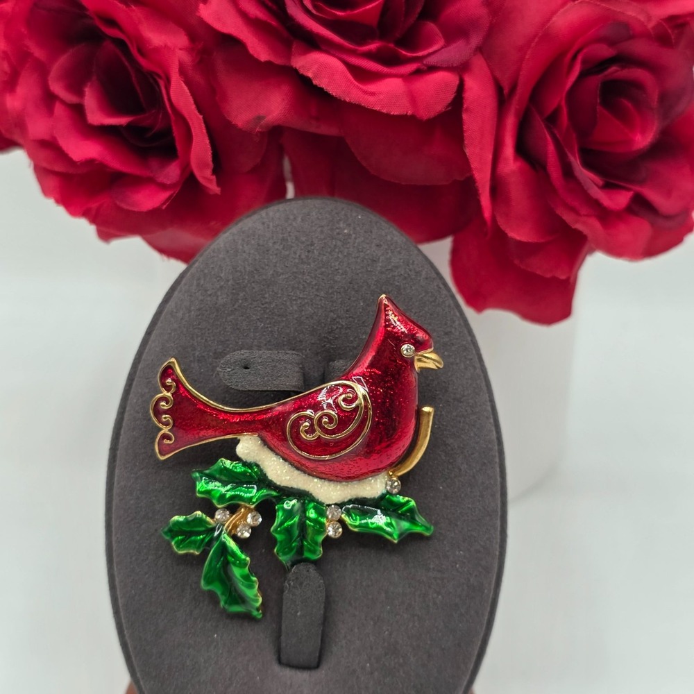 Kenneth Cole Red Cardinal Holly Brooch Rhinestone Enamel Gold Tone Christmas